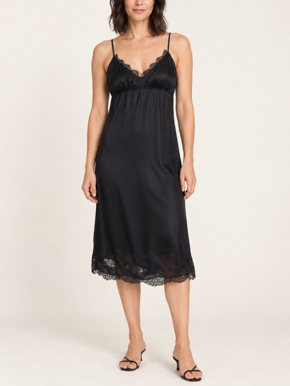 Aritzia Wilfred Black 100% Silk with Lace Trim Spaghetti Straps Slip Dress